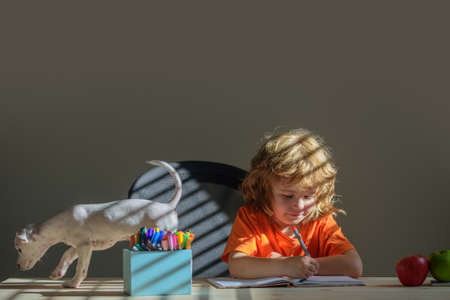 Child studies and learn outside. Happy cute school boy writing for homework, Home study concept,