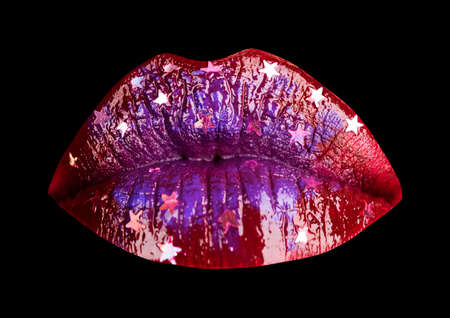 Woman sexy makeup lips isolated on black background as art painted mouth metallized color with violet shade.の写真素材