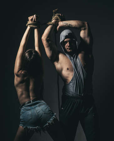 Sex Domination. Bondage roleplay. Couple bdsm. Beautiful sexy woman slave.の写真素材