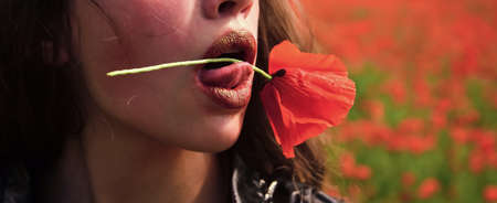 Woman with poppy flower in red lips. Red flovers in mouth. Drug and love, opium, fashion. Beauty, summer, spring, poppy fieldの写真素材