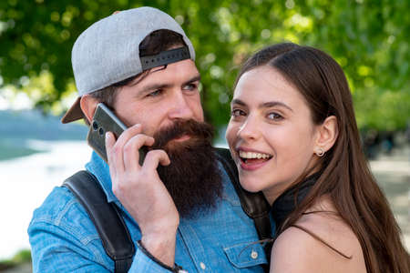 Spring couple outdoor. Summer walk in park. Love and tenderness.の写真素材