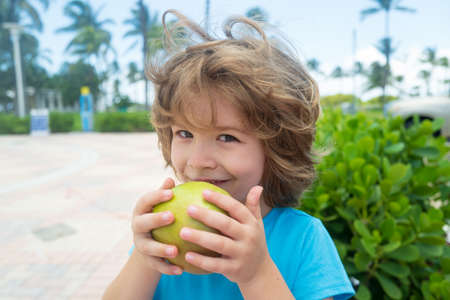 Kid eat apple. Healthy boy nutrition for kids. Fruit snack. Lunch time.の写真素材