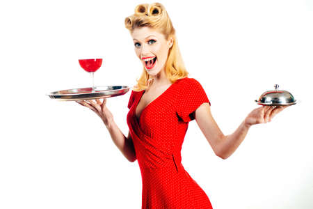 Restaurant serving concept. Pin up girl waiter with wine and service tray.