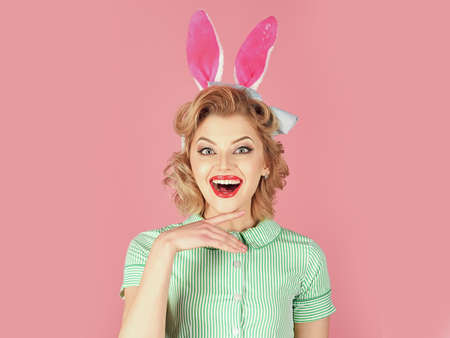 Retro woman in bunny ears, easter. Easter, makeup, pinup party, girl in rabbit ears. Vintage look....
