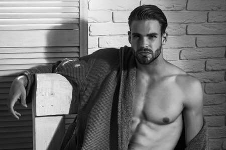 Man with sexy body. Bare torso. Mans Health, bodycare and hygiene.の写真素材