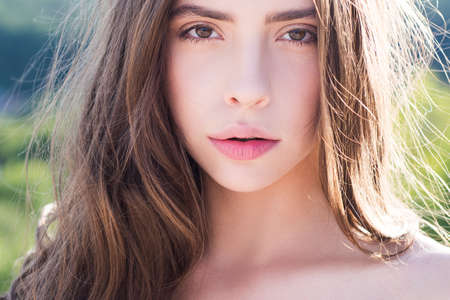 Sunny portrait. Beauty treatment skincare. Spring woman outdoor. Cosmetics procedures.