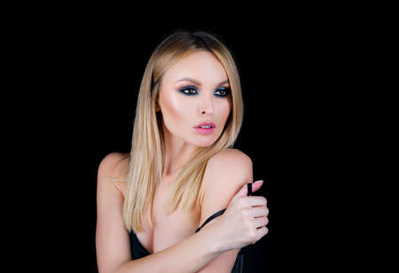 Black smoke smoky eye makeup. Woman with beautiful fashion make up.の写真素材