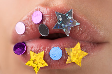 Lip creative makeup. Lips with glitter sparkles. Art design.