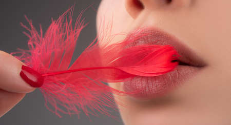 Closeup of woman healthy lips. Cosmetology injections. Beauty plastic. Lip augmentation.の写真素材