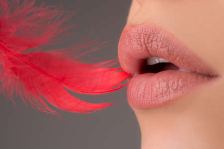 Lip Protection. Closeup of woman healthy lips. Cosmetology injections. Beauty plastic. Natural oil lipstick.の写真素材