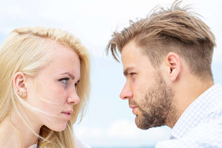 Couple in love tender passion. Close-up face each other of lovely pair. True love. Relation porblems. Emotional people.の写真素材