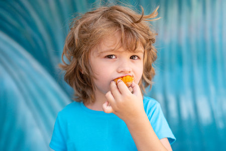 Little boy child eating cookies outdoors in sunny summer day. Kids lunch.の写真素材