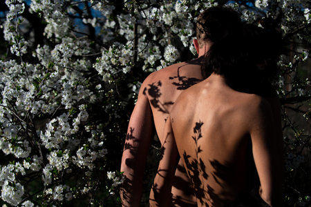 Sensual couple in cherry bloom. Naked woman man in love in blossoming spring tree flower. Romance, relationship, nature, environment concept.の写真素材