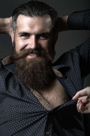 Beard macho man. Handsome male bearded. Perfume concept.の写真素材