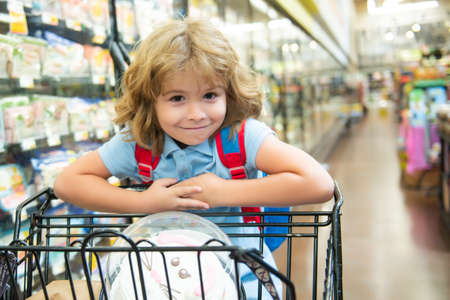 Child with shopping basket purchasing food in a grocery store. Customers family buying products at supermarket.の写真素材