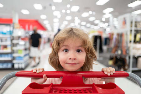 Funny kid with shopping cart buying food at grocery store or supermarket. Surprised kids face.の写真素材