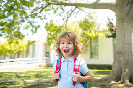 Little student excited to be back to preschool. Knowledge day. Kid go to study. Happy childhood. Primary school education.の写真素材