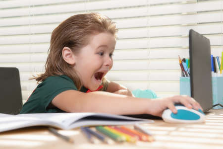 Schoolboy pupil kid studying online using laptop. Child attending online school using computer.の写真素材