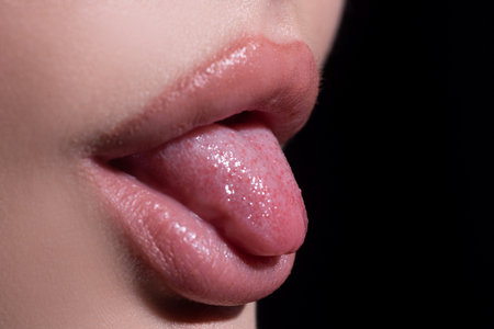 Red lips, mouth and tongue icon. Poster and banner of open mouth. Close-up woman licking lips....