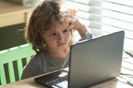 Education and learning for child. Sad kid with notebook. Hard to understand. Back to school....