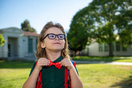 Back to school. Happy smiling pupil from primary school. First day of autumn fall.の写真素材