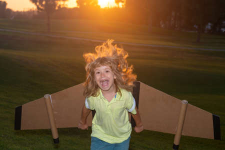 Excited child dreams of becoming a rocket pilot. Imagination and motivation concept. Expression kids...
