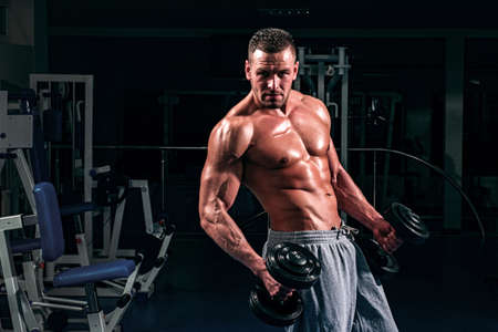Dumbbells exercises. Sporty lifestyle. Male torso with six packs. Bodybuilder in gym. Training and workouts. Sportsman with naked body.の写真素材