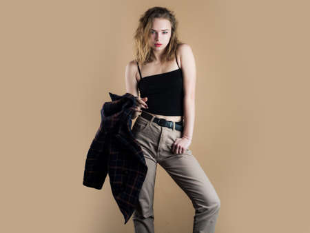 Street fashion. Vogue trendy woman. Seductive girl. Female clothes.の写真素材
