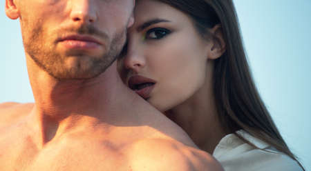 Sensual portrait of young couple in love. Loving couple embracing and kissing.の写真素材