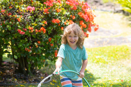 Kids play with water garden hose in yard. Outdoor children summer fun. Little boy playing with water...