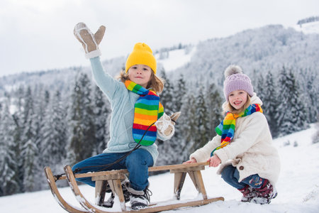 Children enjoying winter, playing with sleigh ride in the winter forest. Kids play with snow. Winter vacation concept. Kids playing in the winter forest.の写真素材