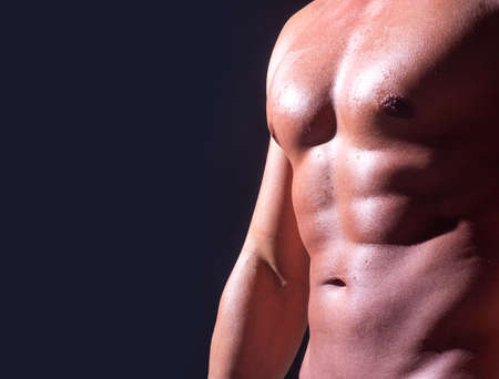 Banner with nude man bare torso. Cropped body of sexy muscular naked  . Bare abs guy.