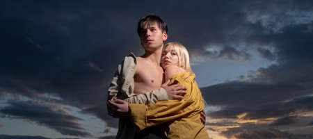 Couple in love, sensual lovers hugging and embracing. Banner, copy space.