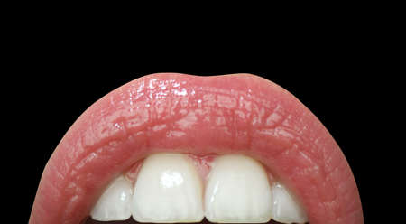 Dental care, healthy teeth and smile, white teeth in mouth. Close up of smile with white healthy...