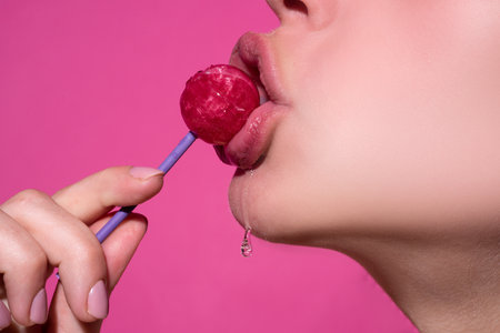 Lollipop in the mouth, close-up. Beautiful girl mouth with lolli pop. Glossy red woman lips with...