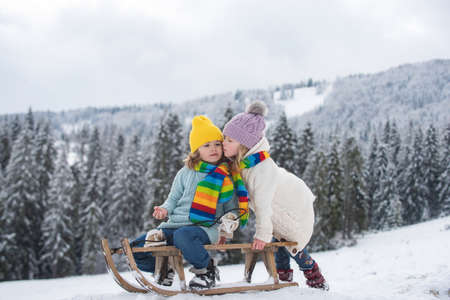 Children on sleigh. Kids boy and girl plays outside in the snow. Winter holiday. Christmas landscape.の写真素材