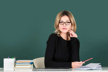 Teacher in classroom at university or college. Lesson seminar skills. Education and tutoring...