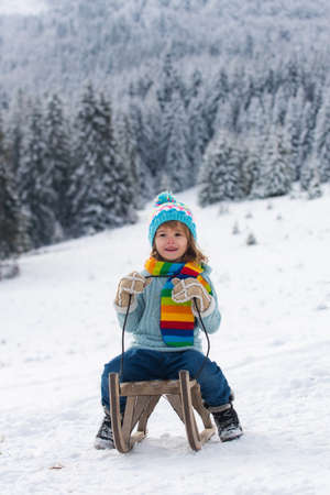 Portrait of happy little kid wearing knitted hat, scarf and sweater. Kid boy enjoying a sleigh ride. Child sledding riding a sleigh outdoors in snow. Winter Christmas landscape with snow.の写真素材