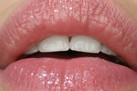 Closeup female mouth with soft pink natural lips and white clean perfect healthy teeth.の写真素材