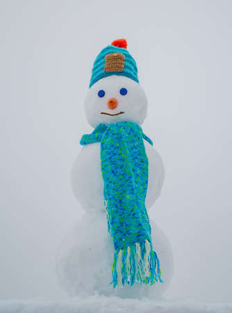 Snow man. Winter clothes, knitted hat and scarf. Snowman isolated on snow background.の写真素材