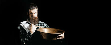 Beard man with classic long beard, bearded gay. Barber with straight razor, barbershop. Shaving in barber shop. Mustache men. Templates web banner design. Horizontal banner.の写真素材