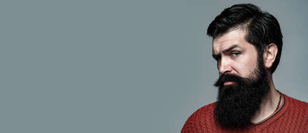 Bearded man with classic black long beard, bearded gay. Barber barbershop. Mustache men, serious...