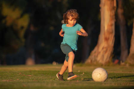 Boy child kicking football on the sports field during soccer match. Young sporty kids.の写真素材