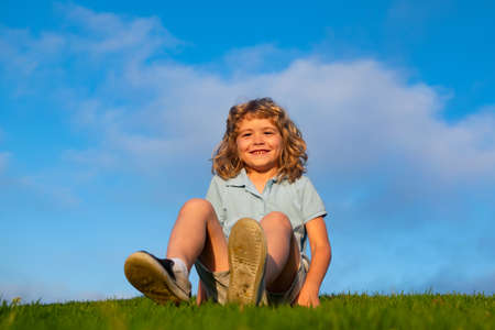 Little boy child with a cute expression face sitting on grass. Cheerful kid having fun on green summer meadow.の写真素材