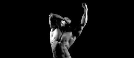 Muscular man with sexy body. Banner templates with muscular man, muscular torso, six pack abs...
