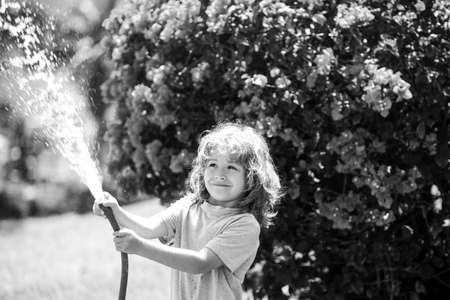 Child is watering the plant outside the house, concept of plant growing learning activity for kids and children education for the nature.の写真素材