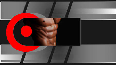 Banner templates with muscular man, muscular torso, six pack abs muscle. Templates for web site, flyer or header cover. Gym instructor, fitness trainer. Mock up poster. Fit, fitness brochure design.の写真素材