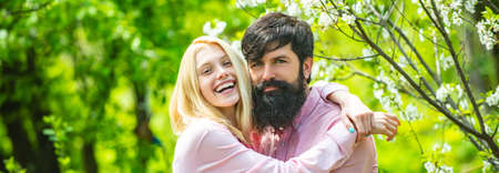 Spring couple in love, banner. Romantic couple in love feeling happiness. Young lovely couple...