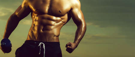 Wet muscular man with water bottle or protein. Banner templates with muscular man, muscular torso,...