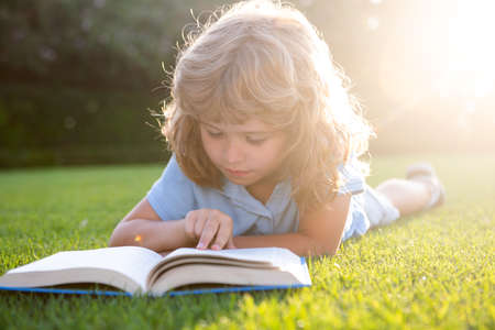 Portrait of happy child boy with book in park. Kids early education. Little kid read book in the garden. Summer vacation homework. Preschool student education. Smart clever Kids.の写真素材